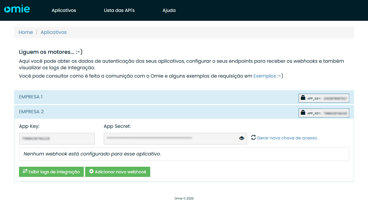 Página Aplicativos da Omie com uma empresa aberta, mostrando os campos App Key e App Secret, o ícone de olho ao lado do App Secret e o link Gerar nova chave de acesso.