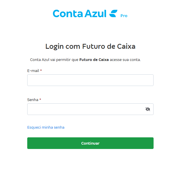 Tela Login com Futuro de Caixa da Conta Azul, com os campos E-mail e Senha e o botão Continuar.